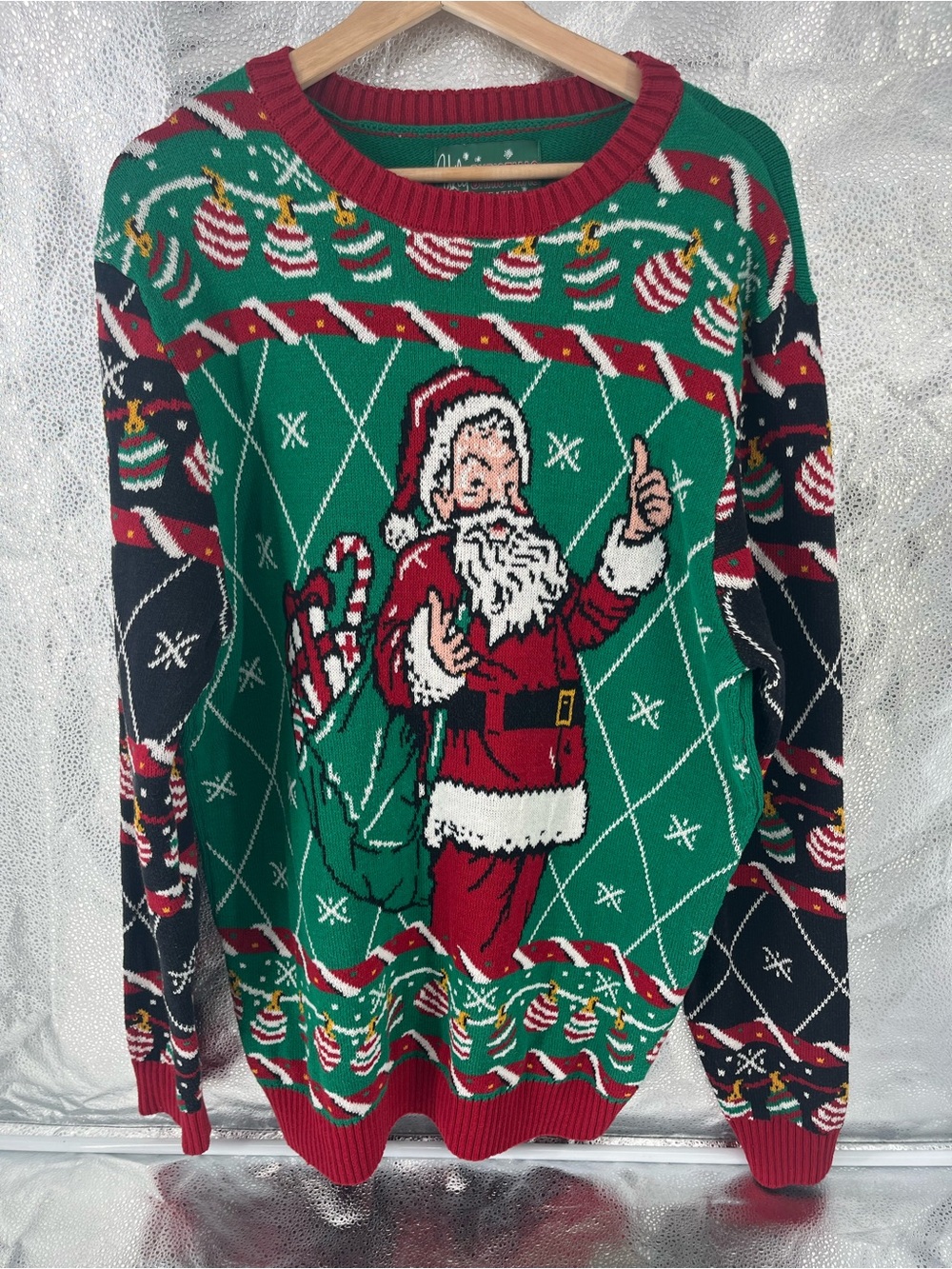 Ugly Christmas Sweater with Santa Claus Green Red Thumbs Up Design, Size XL